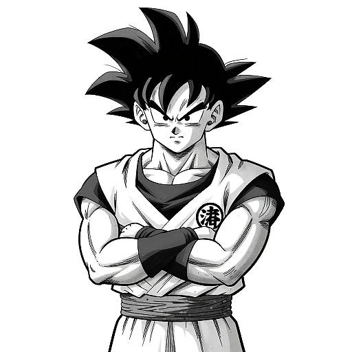 Black-and-white digital drawing of muscular, spiky-haired anime character with crossed arms, wearing a sleeveless gi with a symbol. Strong, determined expression