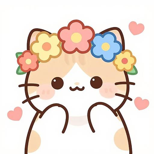 Cute chibi-style digital drawing of two blushing cat characters with flower crowns, smiling, and heart symbols around them.