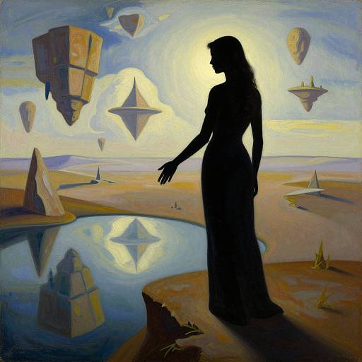 Silhouetted woman in long dress stands on rocky shore, gazing at futuristic floating islands and hovering cubes in a surreal, sunlit landscape.