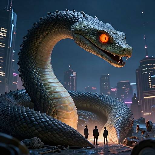 CGI image of a massive, glowing-eyed, blue-scaled snake in a neon-lit city at night, with three silhouetted figures