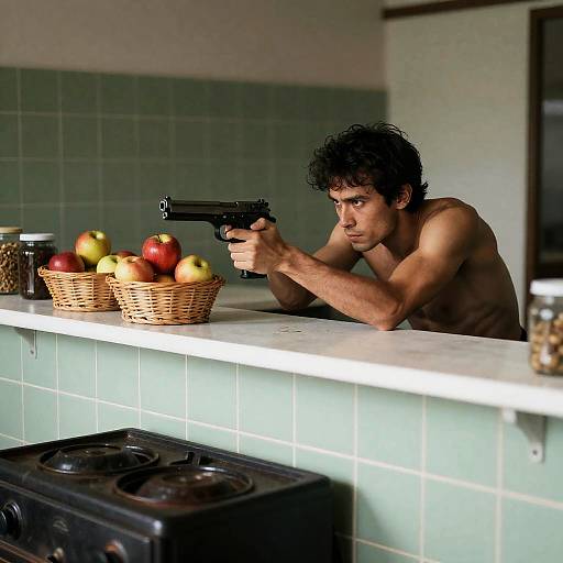 Intense Crouching Man with Gun