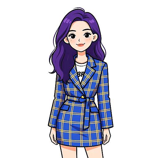 Digital anime-style drawing of a young woman with purple hair, wearing a blue plaid blazer and skirt, white shirt, and black necklace.