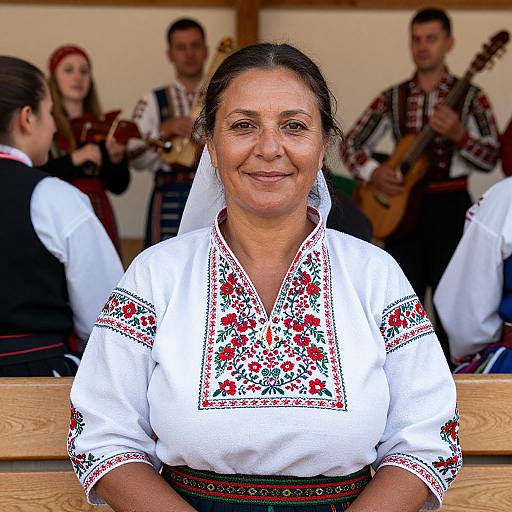 Photograph of smiling middle-aged woman in traditional white embroidered blouse and black skirt, with background musicians playing instruments indoors.