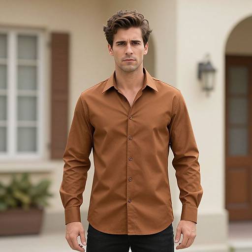 Photograph of a handsome, dark-haired man in a brown button-up shirt and black pants, standing in front of a beige house with brown shutters