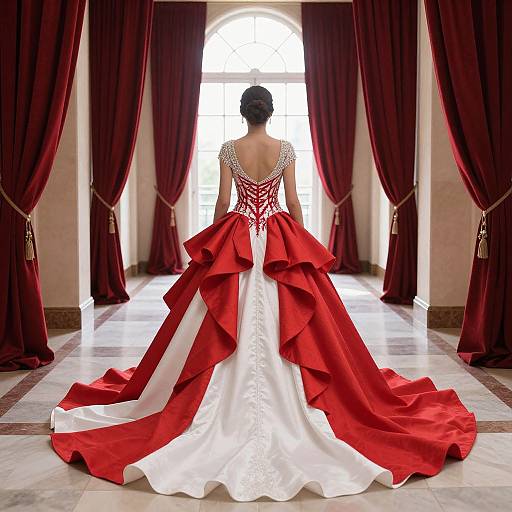 Photograph of a woman with an elegant, backless red and white ball gown, standing in a grand hall with maroon curtains.