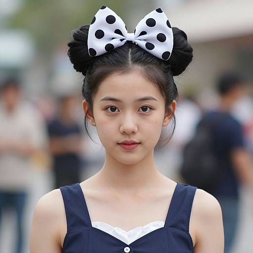 Photograph of an Asian teenage girl with fair skin, black hair in double buns, wearing a black sleeveless dress and white polka dot bow
