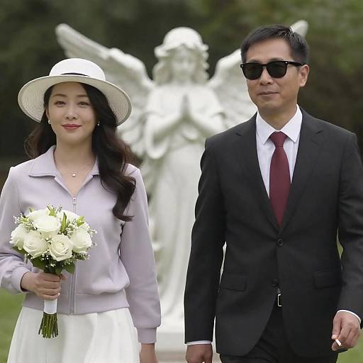 Man and Woman Walking Outdoors with Bouquet and Cigarette