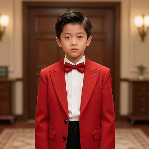 Photograph of an Asian boy with short black hair, wearing a red suit, white shirt, and red bow tie, standing in a warmly lit,