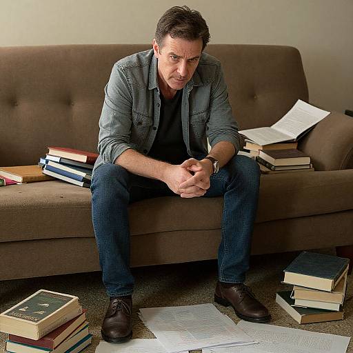 Photograph of a middle-aged man with short dark hair, wearing a blue denim shirt and dark jeans, sitting on a brown sofa surrounded by scattered books