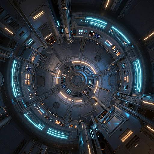 Photograph of a futuristic, circular spaceship control room with glowing blue and orange lights, intricate metallic panels, and central console.