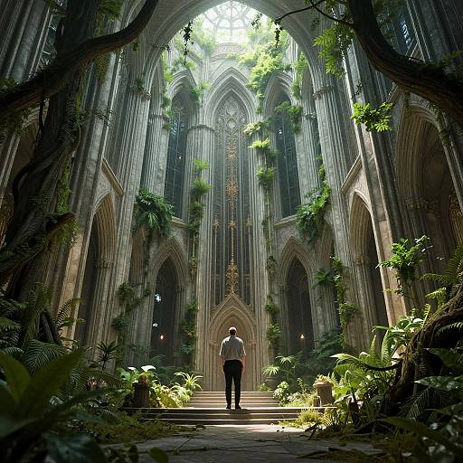 Photograph-like digital artwork of a lone figure standing in a grand, cathedral-like interior with towering gothic arches and lush greenery. Sunlight