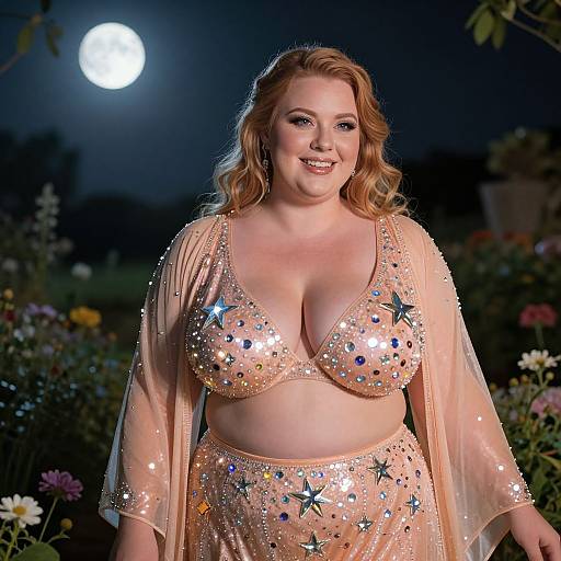 Photograph of a smiling, plus-size, red-haired woman in a shimmering, star-embellished, nude-colored bra and skirt with sheer