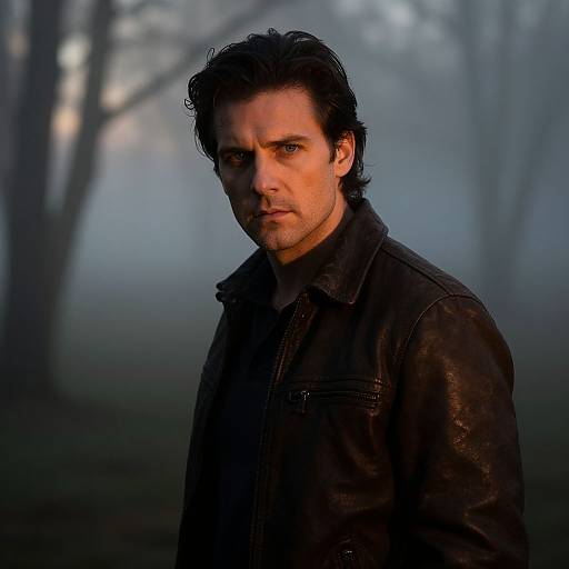 Photograph of a serious-looking man with dark hair, wearing a black leather jacket, standing in a misty, foggy forest at dusk.