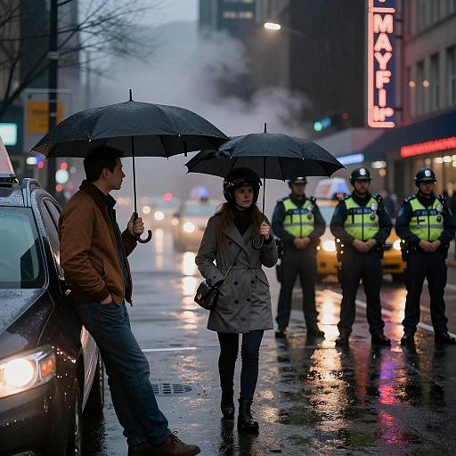 Nighttime Rainy City Street with Umbrellas and Police Officers