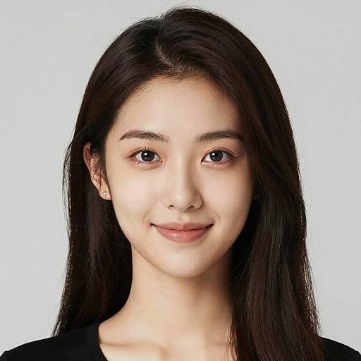 Photograph of a young Asian woman with long, straight black hair, fair skin, brown eyes, and a slight smile, wearing a black top against