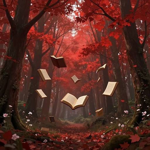 Digital artwork of a mystical forest with vibrant red leaves, floating open books, and white flowers on a mossy path.