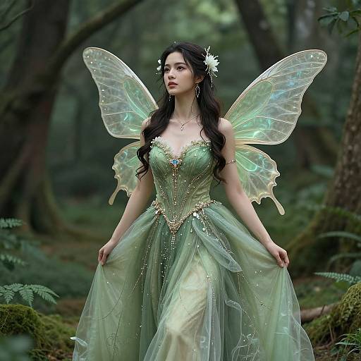Photograph of a fairy-like woman with long dark hair, green gown, translucent wings, flower hairpiece, standing in a lush forest.