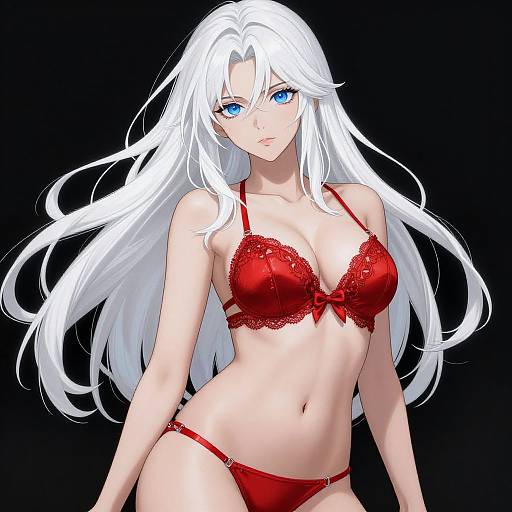 Digital anime-style drawing of a white-haired woman with blue eyes, wearing red lace lingerie, standing against a black background.