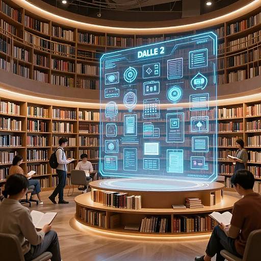 Photograph of a modern library with a glowing blue interactive display screen in the center, surrounded by seated readers and wooden bookshelves illuminated by warm lighting
