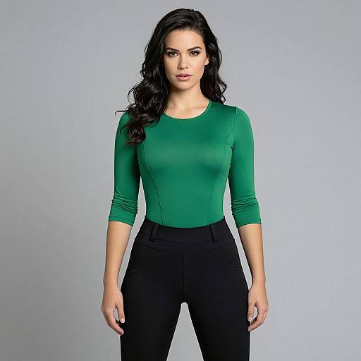 Photograph of a confident woman with long black hair, wearing a green long-sleeve top and black pants, standing against a plain light gray background