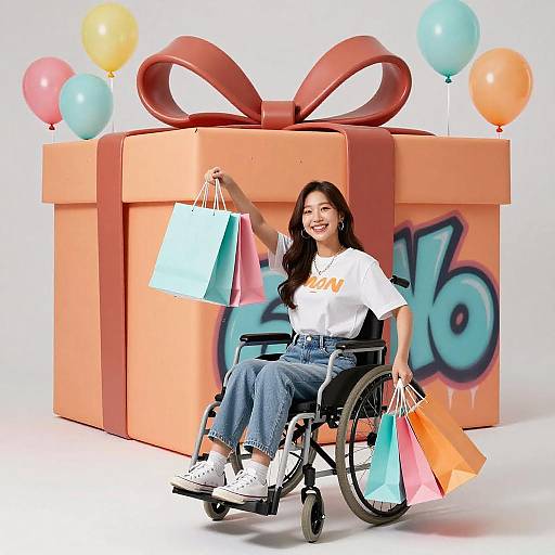 Confident Korean Woman in Wheelchair with Shopping Bags