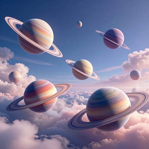 Photorealistic CGI of colorful, ringed planets floating among fluffy, pink-tinged clouds against a vibrant blue sky, evoking a dreamy