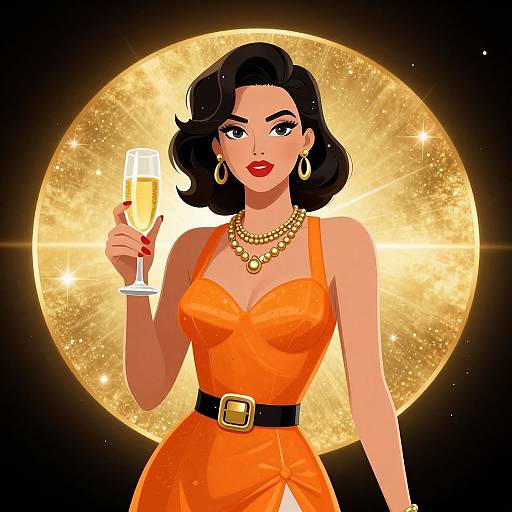 Digital illustration of a stylish, dark-haired woman in an orange dress, gold necklace, and earrings, holding a champagne glass against a glowing golden moon backdrop