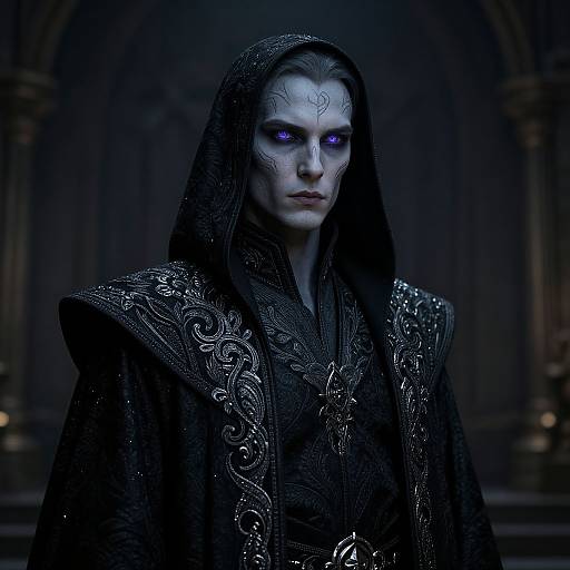 Photorealistic digital art of a pale, androgynous figure with glowing blue eyes, intricate black hooded robe, and elaborate silver embroidery,