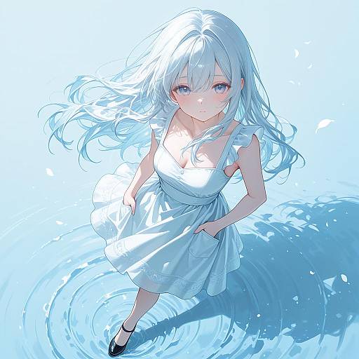 Ink Painting White-Haired Girl Over Water