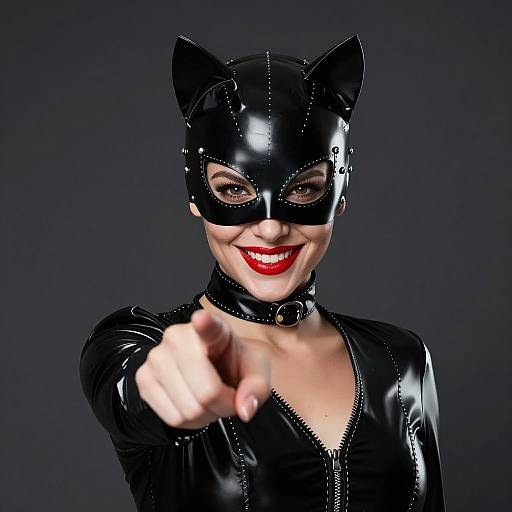 Woman in Black Latex Cat Mask Pointing