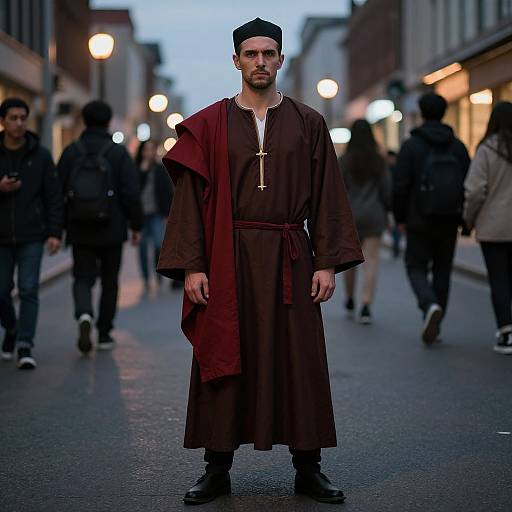 Photograph of a bearded man in a dark brown, long robe and black cap standing on an evening city street, blurred pedestrians and streetlights in