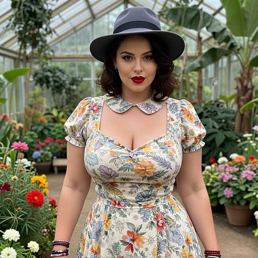 Photograph of a curvy woman with large breasts, fair skin, dark wavy hair, red lipstick, floral dress, and black hat, standing