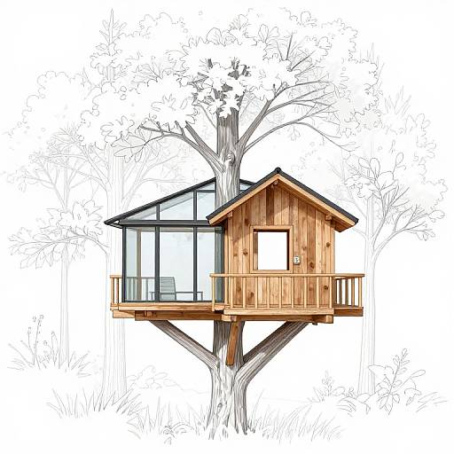 Colorful digital drawing of a modern wooden treehouse with glass windows, perched on a leafless tree, featuring a small balcony.