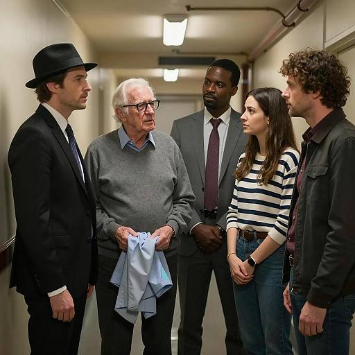 Group of Five People in Hallway Discussion