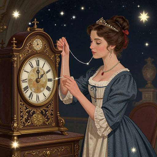 Digital illustration of a fair-skinned woman with dark hair in an updo, wearing a blue dress and pearl necklace, adjusting a gold clock's hands