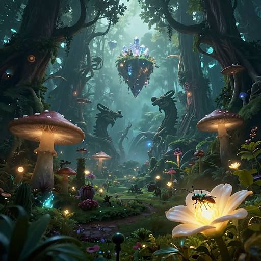 Fantastical forest scene: glowing mushrooms, luminescent flowers, floating fairy lights, mythical dragon-like creatures, and a glowing flower in a mystical