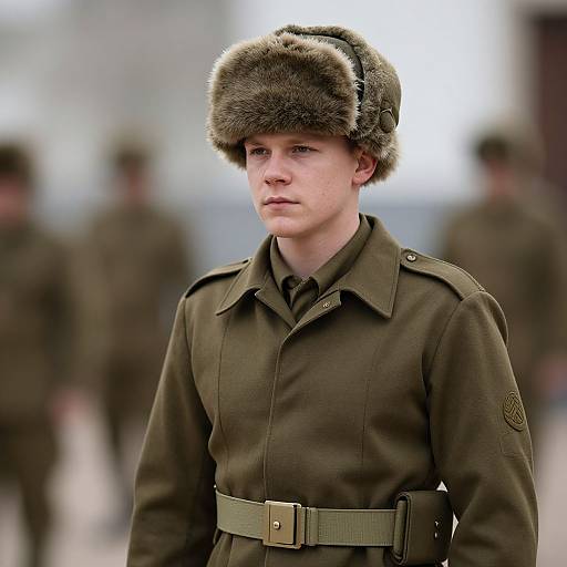 Photograph of a young, fair-skinned man with short brown hair, wearing a fur hat and olive green military uniform with a belt, standing outdoors