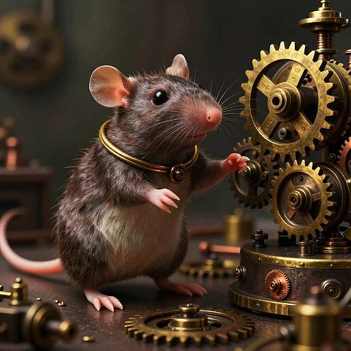 Photorealistic CGI of a black and white mouse with a gold collar, standing on hind legs, adjusting intricate brass gears.
