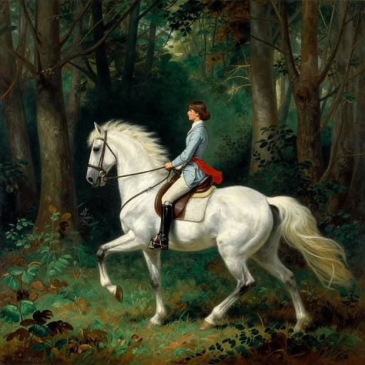Digital painting of a young man in a blue jacket and red sash riding a white horse through a dense, dark forest.