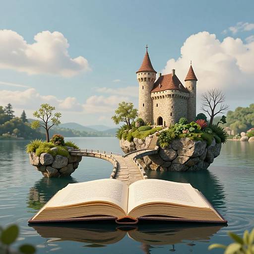 Surreal Floating Islands with Book Bridge