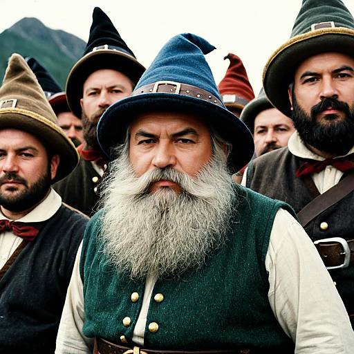 Group of Men in Dwarf Costumes with Beards and Hats