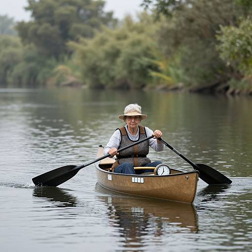 Photograph of an elderly white man in a beige hat and vest, paddling a brown canoe on a calm river, surrounded by lush green trees.