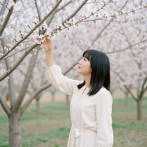 Photograph of an Asian woman with black hair, wearing a white kimono, gently touching cherry blossoms in a blooming orchard.