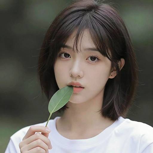 Photograph of an Asian woman with short black hair, fair skin, and brown eyes, holding a green leaf to her lips, wearing a plain white