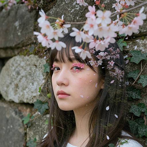 Photograph of an East Asian woman with long black hair, pink glittery eyeshadow, and cherry blossoms in her hair and around her face