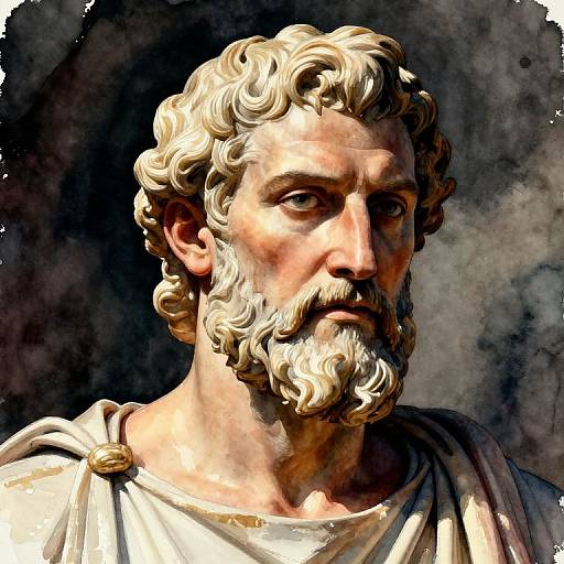 Digital painting of a white-haired, bearded ancient Greek man with intense gaze, wearing a draped white toga, against a dark, cloudy background.