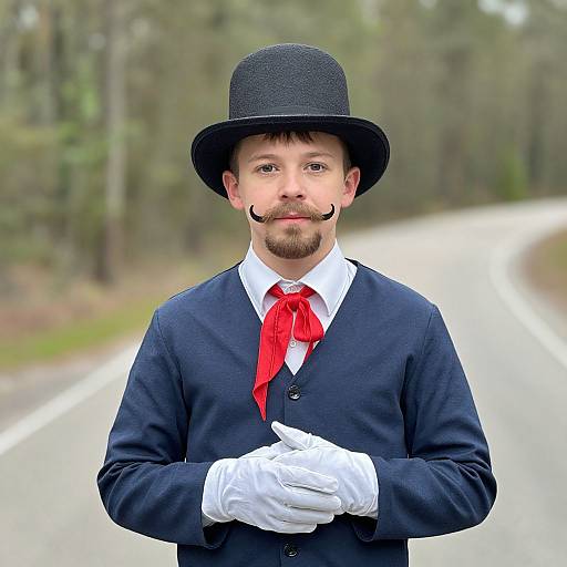 Photograph of a bearded man with a mustache, wearing a black top hat, white gloves, dark cardigan, red necktie, and