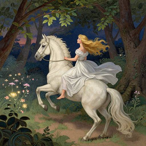 Digital painting of a blonde woman in a flowing white dress riding a rearing white horse through a moonlit, enchanted forest.