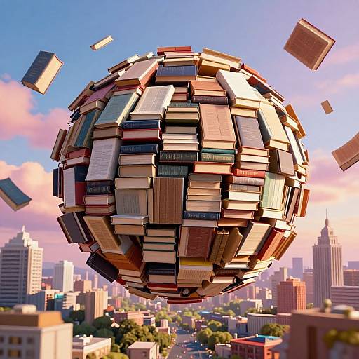 Digital artwork: A massive sphere made of floating, colorful books hovers above a cityscape with skyscrapers and pink, blue sky. Books of