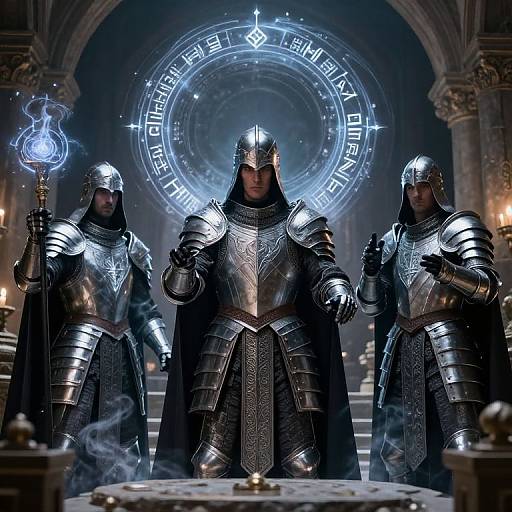 Three armored knights with glowing blue magic circles, holding mystical orbs, stand in a dimly lit, grand cathedral. Photorealistic CGI.